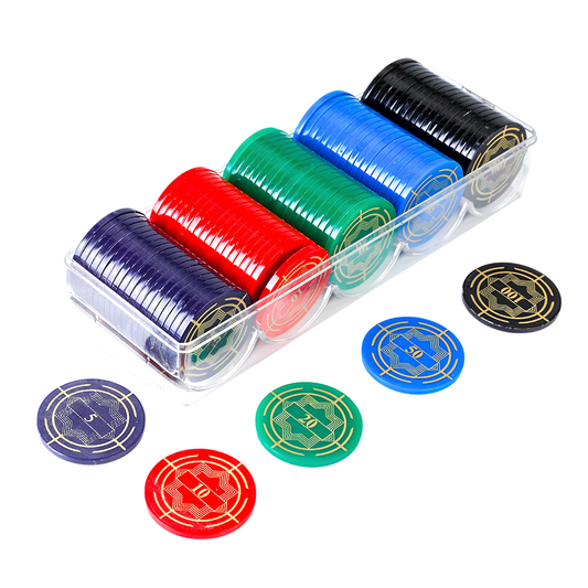 100-Piece Solid Plastic Poker Chips Set with Gold Print & Storage Rack