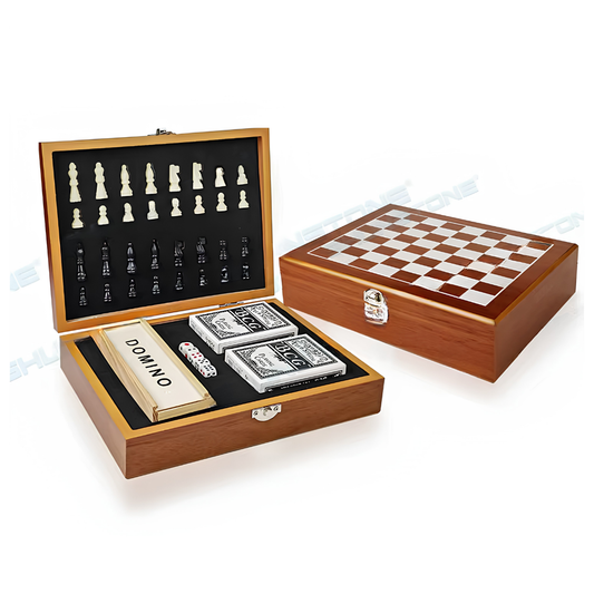 Wooden Chess Box - Dominoes & Card Game Set