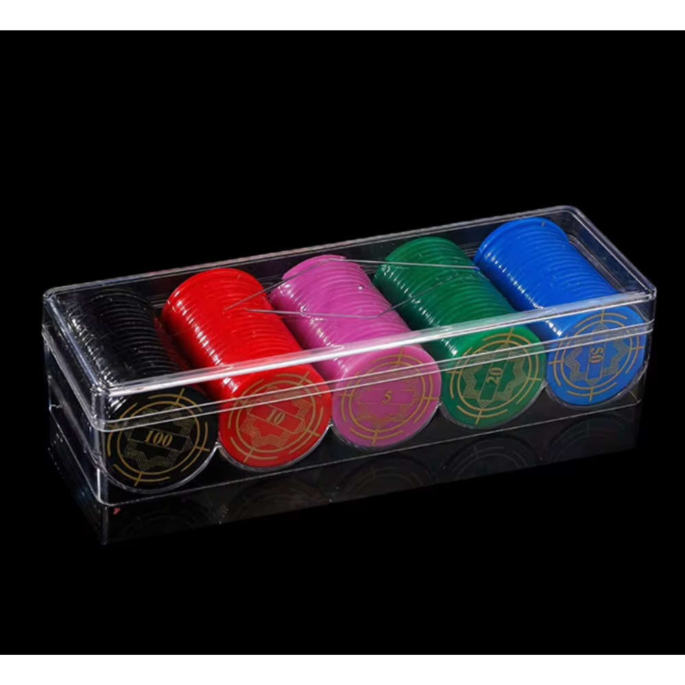 100-Piece Solid Plastic Poker Chips Set with Gold Print & Storage Rack