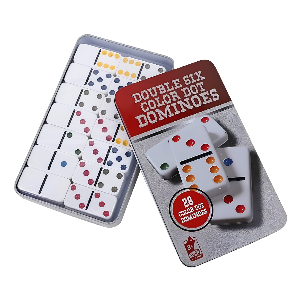 Double Six Color Dot Dominoes Set Red Tin Box