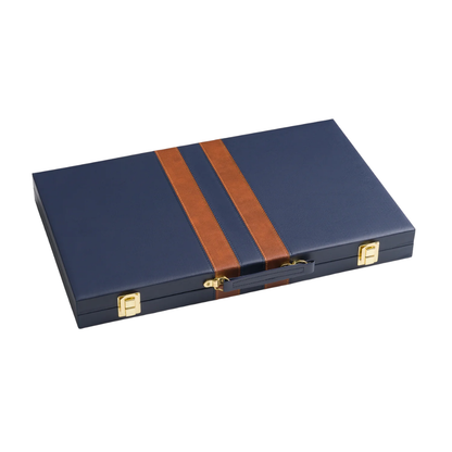 Leather Backgammon Set - Navy & Brown - 38 × 24 × 5 cm