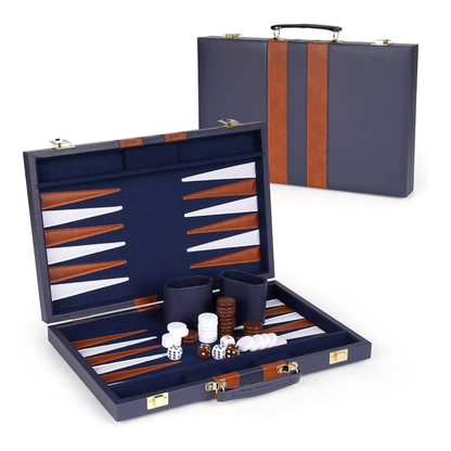 Leather Backgammon Set - Navy & Brown - 38 × 24 × 5 cm