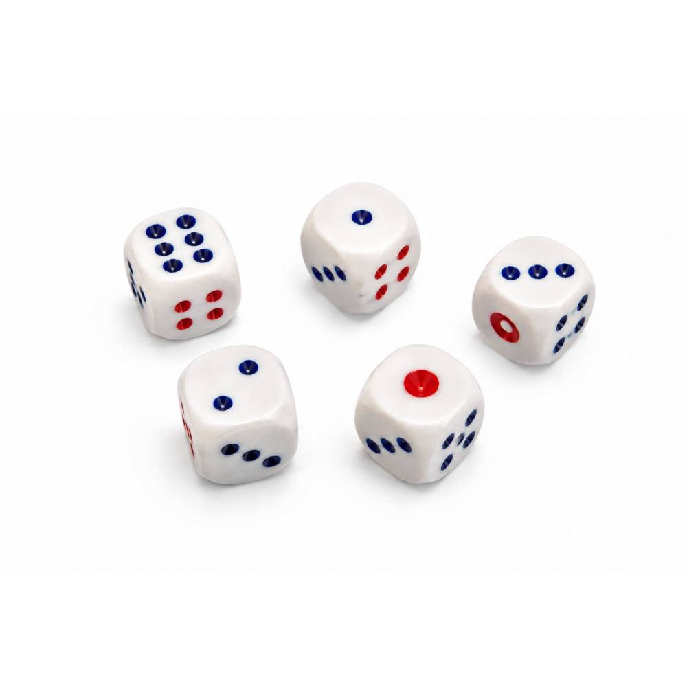 White Dice with Red & Blue Pips – 14mm / 15mm / 16mm