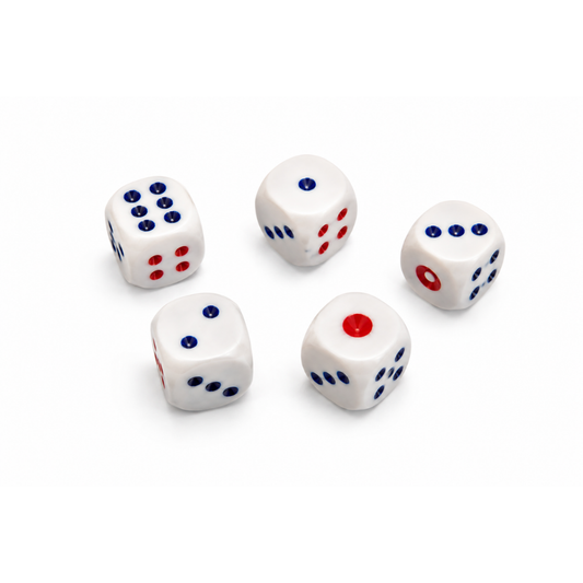 White Dice with Red & Blue Pips – 14mm / 15mm / 16mm