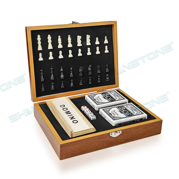 Wooden Chess Box - Dominoes & Card Game Set