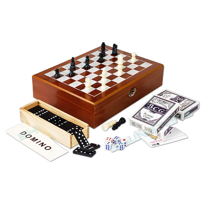 Wooden Chess Box - Dominoes & Card Game Set